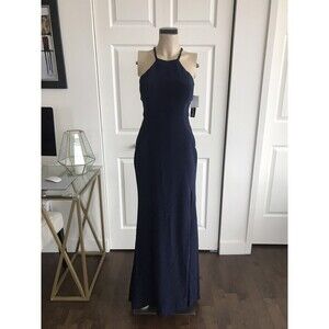 XSCAPE Strappy Criss Cross Back Halter Neck Evening Gown Dress Navy Size 4 $345